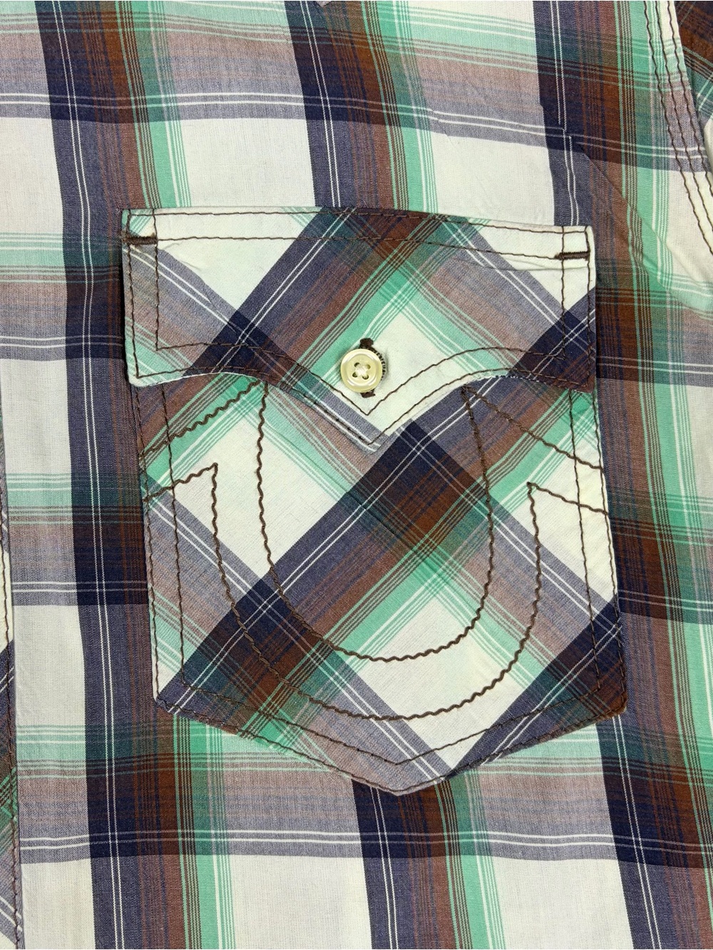 True Religion Men's Plaid Button-Down Shirt Green & Brown Pocket Flaps Western - Picture 4 of 9